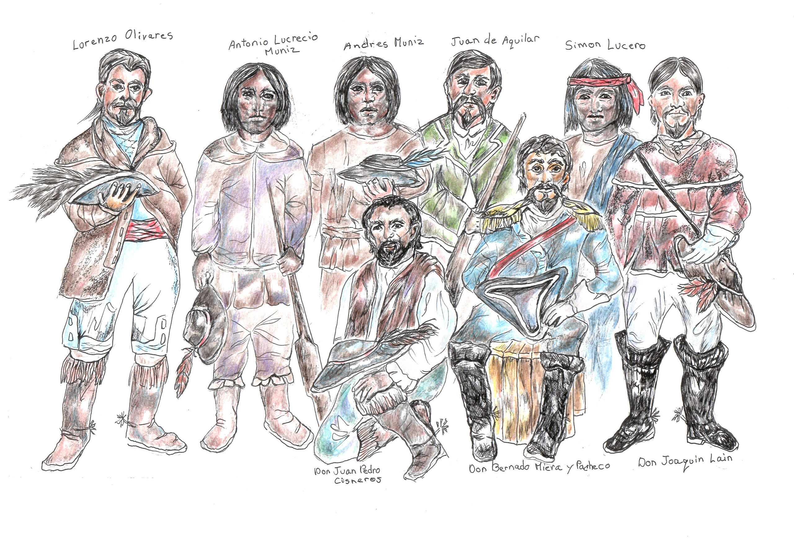 Recreated drawing of members of expedition. Colorful men in colorful dress with names written above each one.