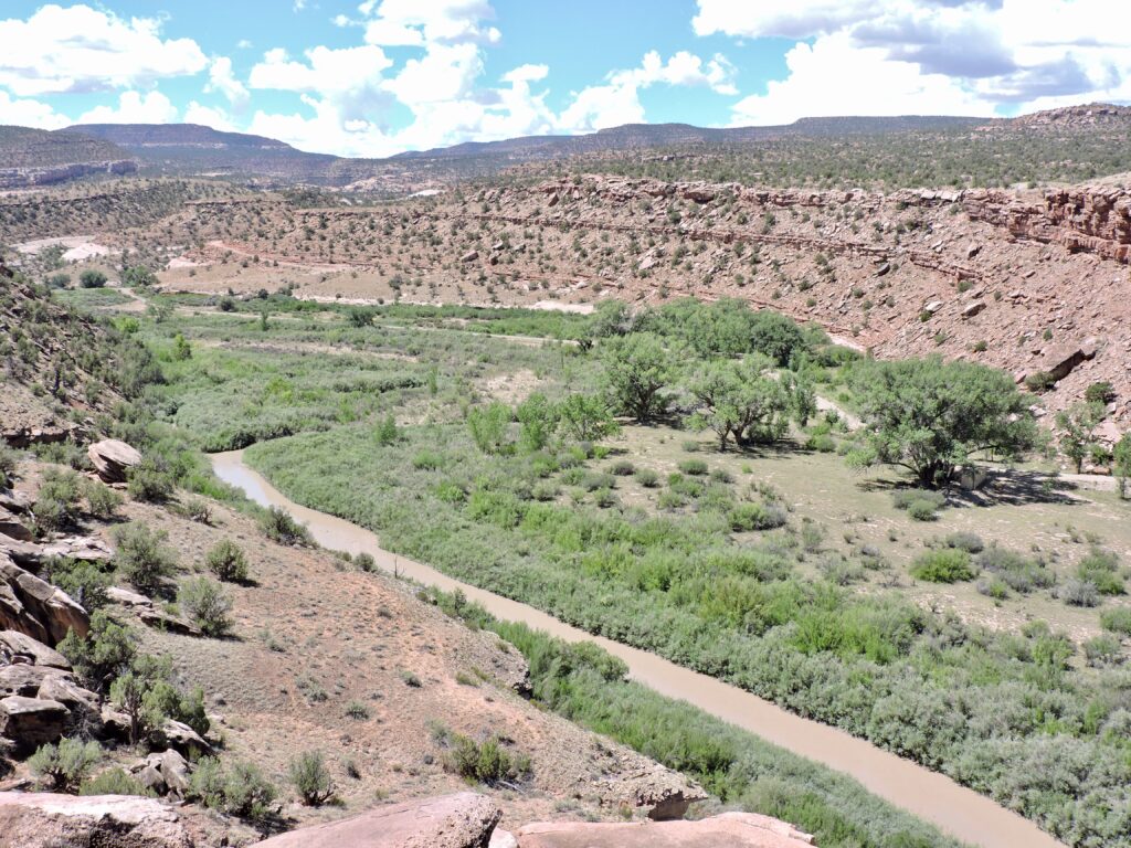 Aerial view of a winding river flowing through a lush valley with scattered greenery, flanked by rocky cliffs under a clear blue sky.