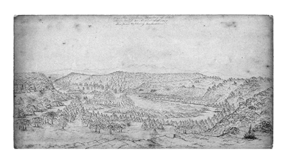 Black-and-white line drawing of a hilly, tree-covered landscape with inscription at the top.