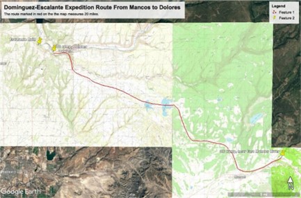  A map showing the Dominguez-Escalante Expedition Route from Mancos to Dolores with a red line marking the route