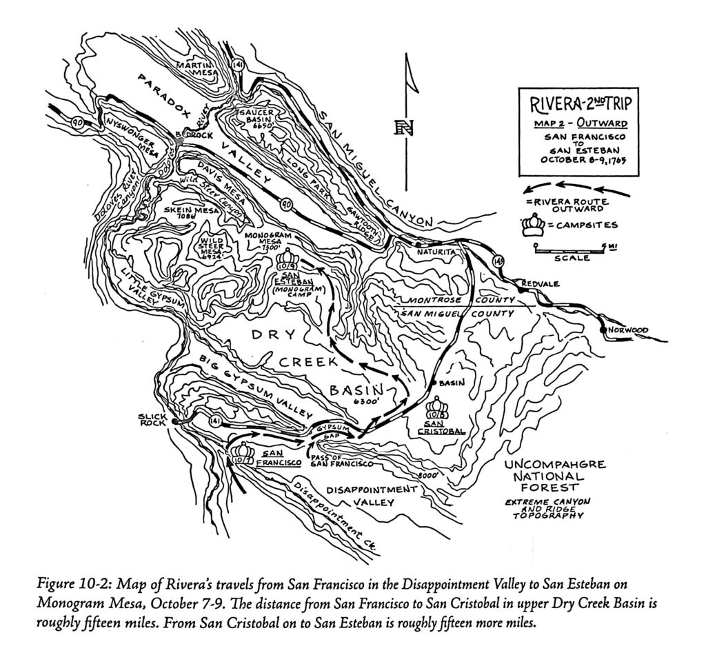 Topographic map showing Rivera's travel route from San Francisco to San Esteban on Monogram Mesa from October 7 to October 9, 1765, with labels for valleys, mesas, campsites, and elevation levels.