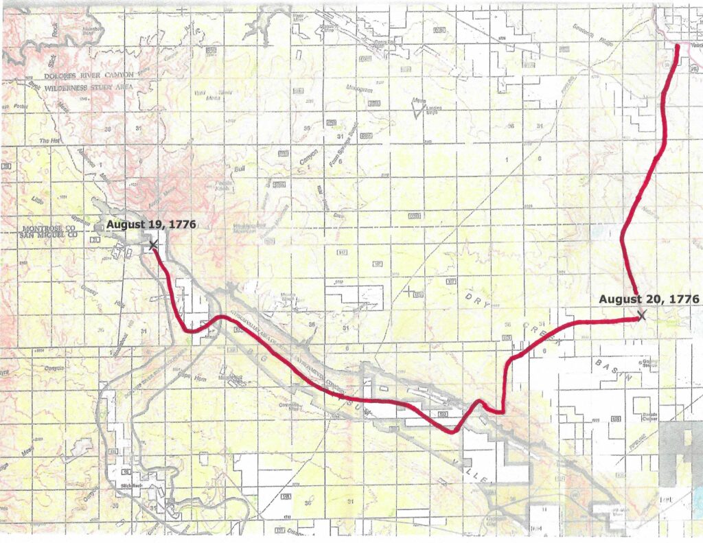 A map showing a historical route dated August 19, 1776 and August 20, 1776 marked by a red line.