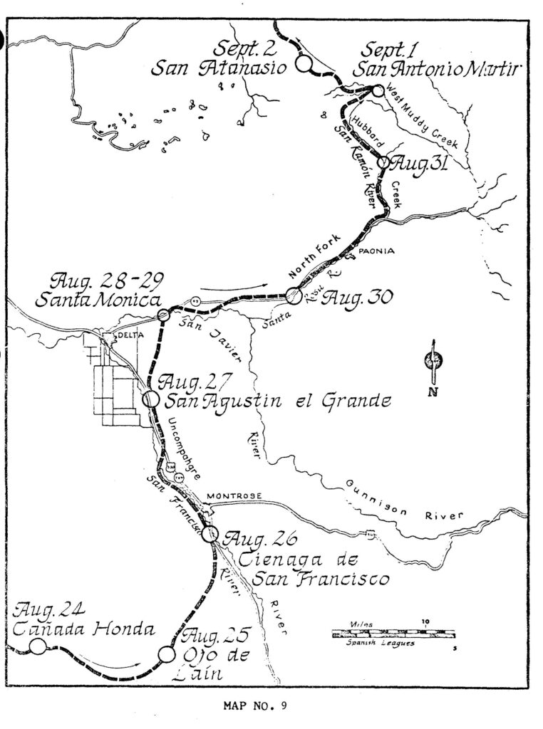 Map showing the path of the Dominguez-Escalante expedition August 24 through September 2nd traversing north along the Uncompahgre River and then northeast towards Paonia and the San Ramon River with campsites marked along the way.