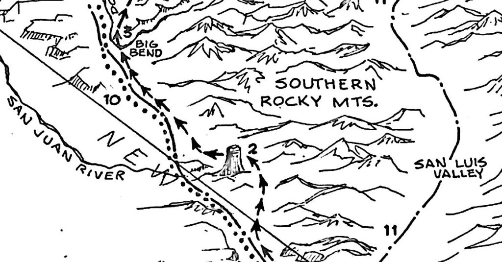 A hand-drawn map showing part of the Southern Rocky Mountains, indicating the San Luis Valley and the San Juan River. The map includes mountainous terrain, labels for key areas, and a landmark labeled "Big Bend." Arrows point along various routes.