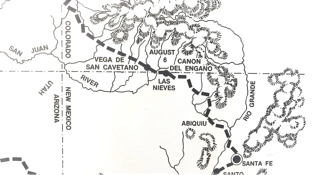 A black-and-white map depicting an area showing parts of Colorado, New Mexico, and Arizona. Key locations include Santa Fe, Abiquiu, Rio Grande, Las Nieves, Canon del Engano, and Vega de San Cavatano. The map indicates a path marked with August 6.