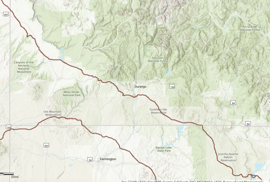 Map showing southwestern Colorado and northwestern New Mexico including national parks, reservations, and major highways. A red-line marks the route of the Old Spanish Trail.