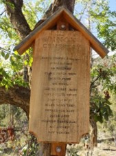 A wooden sign with a roof-like top attached to a tree, with text inscribed on it. Pinon Cemetery sign.