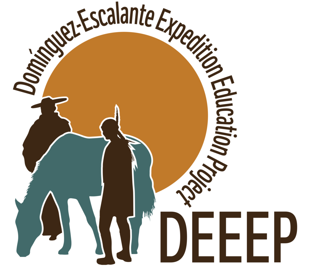 Dominguez-Escalante Expedition Education Project logo . Silhouettes of a Dominican friar, a horse, and a native american in front of a gold sun